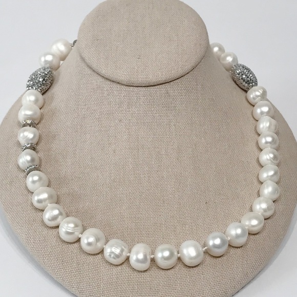Real 14mm Pearl Necklace Large CZ Clasp Pave Crystal 21" Hand Knotted Chunky VTG - Picture 15 of 15